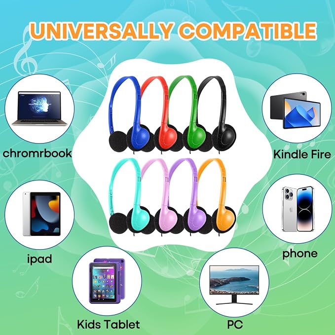 Bulk Headphones 25 Pack for Kids School Classroom, Wholesale Wired Adjustable On Ear Earphones Class Set for Students Children Toddler Teens Boys Girls and Adult Computer 3.5mm Jack (HY857,25 Mixed)