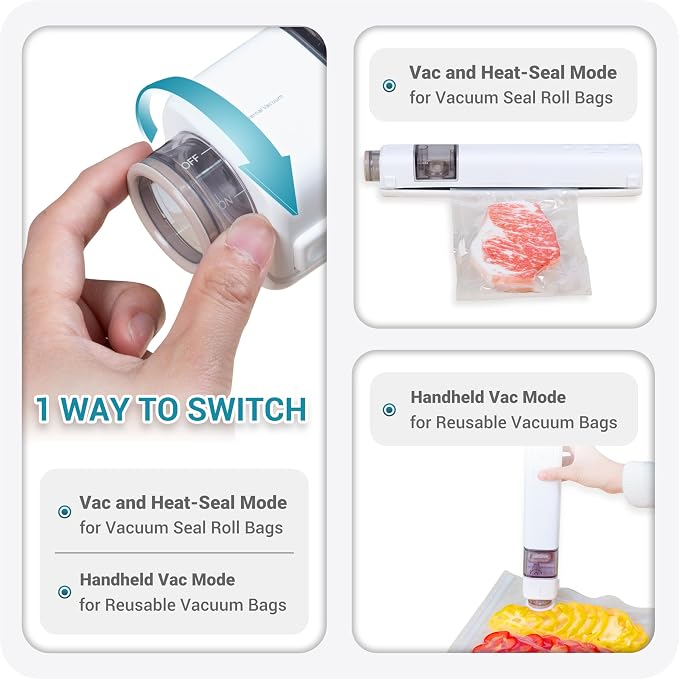 2-in-1 Handheld & Countertop Compact Vacuum Sealer for Food, 60kPa Powerful Handheld Vacuum Sealer with 20 Reusable Bags & 1 Vacuum Roll Bags, Magnetic Back — Sticks to Your Fridge