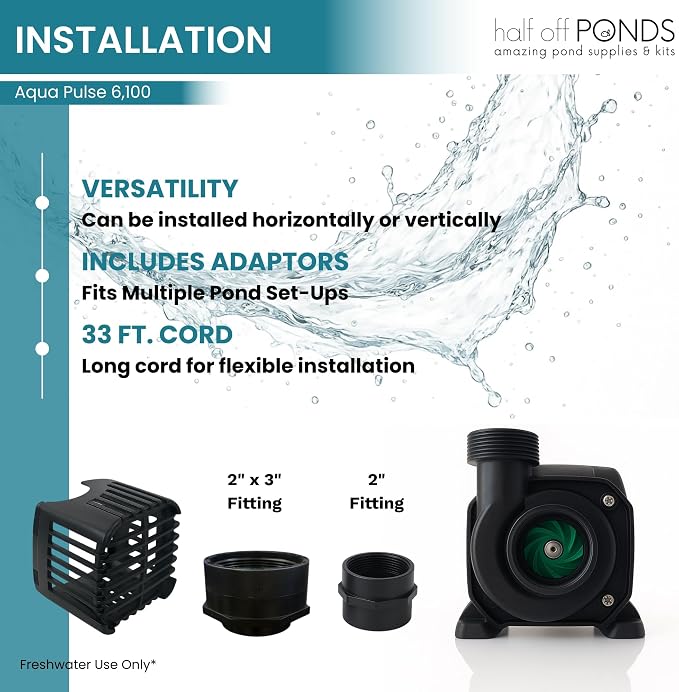 Aqua Pulse Submersible Pond Pump, 6,100 GPH, 33 ft Cord | 24 ft max head, 354W energy efficient, Ultra quiet, For koi ponds, Waterfalls, Fountains