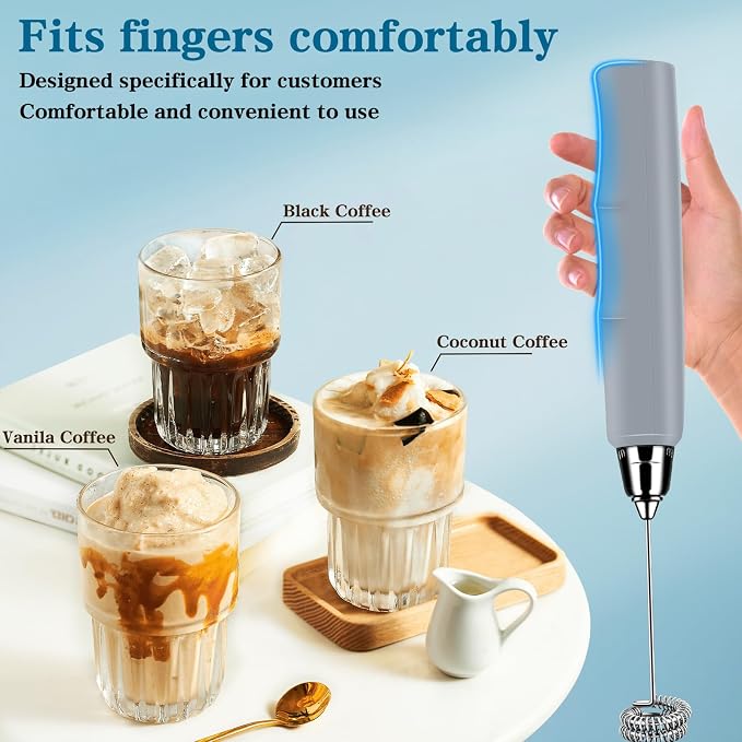 BSRGMS Milk Frother Handheld with Stand, Electric Whisk 3 Speed Adjustable, Drink Mixer with Stainless 3 Whisks, Rechargeable Hand Frother Wand, Foam Maker for Latte Cappuccino Matcha Egg Cement Gray