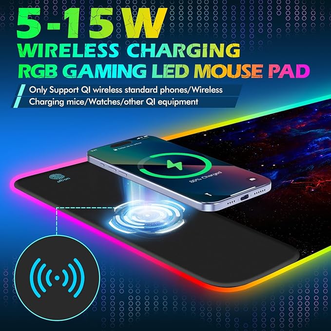 ToLuLu RGB Wireless Charging Gaming Mouse Pad, 7.5/10/15W 10 Light Modes LED Mouse Pad Computer Keyboard Mat Mousepad, 800x300x4MM Extended Large Desk Pad Desk Mat for Gamer, Red Blue Galaxy