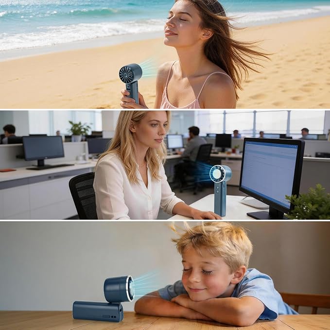 Foldable Handheld Fan with Ice Cooling - 4 Speed Rechargeable Mini Portable Fan, Ultra-Lightweight Personal Air Cooler for Desk, Travel and Makeup, Blue