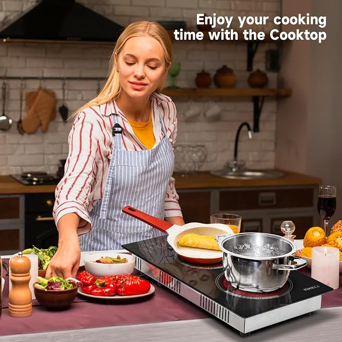Double Burner Electric Cooktop Plug in 2000W, 110V~120V Countertop Stove, Electric Stove 2 Burner for Cooking, 110 volt Kitchen Stove 12inch Built-in Countertop with Timer, Peak, Pause