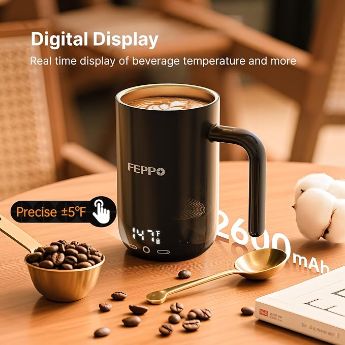 FEPPO Coffee Mug Warmer, 16oz Self-Heating Coffee Mug with 2600mAh Rechargeable Battery, Smart Temperature Control, Real-Time Digital Display, Titanium-Coated Interior, Gift for Women and Men