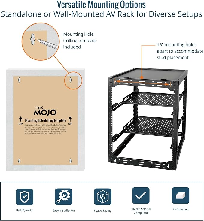 Tecmojo 16U Open Frame Network Rack for IT & AV Gear, AV Rack Floor Standing or Wall Mounted,with 2 PCS 1U Rack Shelves & Mounting Hardware,Network Rack for 19" Networking,Audio and Video Device