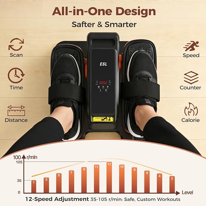 ESL Under Desk Elliptical - Portable Leg Exerciser with Pedal Strap for Seniors, Compact Seated Elliptical with Remote Control, LCD Display Electric Elliptical