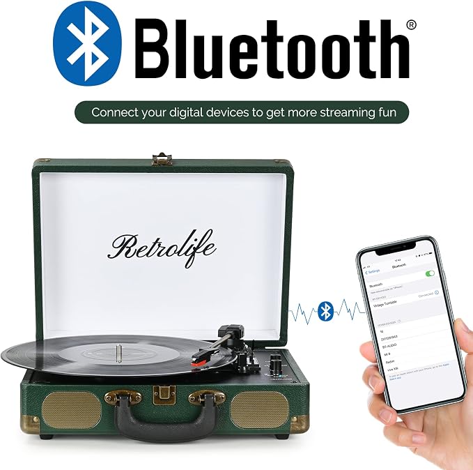 Vinyl Record Player 3-Speed Bluetooth Suitcase Portable Belt-Driven Record Player with Built-in Speakers RCA Line Out AUX in Headphone Jack Vintage Turntable Dark Green