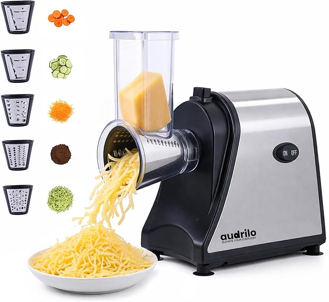 AUDRILO Electric Salad Maker & Cheese Grater, 5-in-1 Electric Vegetable Slicer with Interchangeable Stainless Steel Blades, Electric Food Processor for Cheese, Fruits & Vegetables, Electric Grater