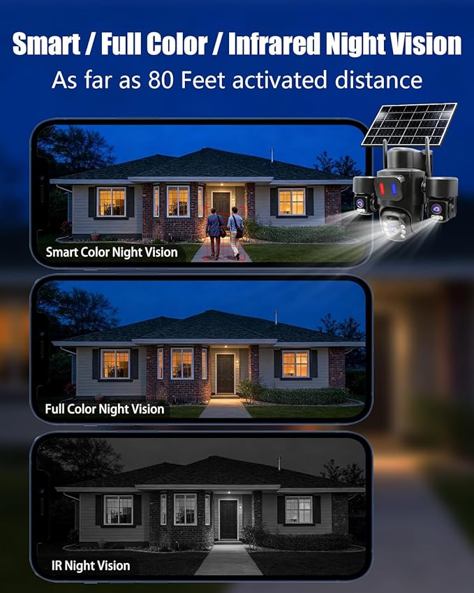 Triple-Lens Solar Security Camera Wireless for Outdoor Use | Triple-Lens Linkage PTZ 360º Coverage, Color Night Vision, PIR Motion Detection,Two-Way Audio, No Subscription Fee