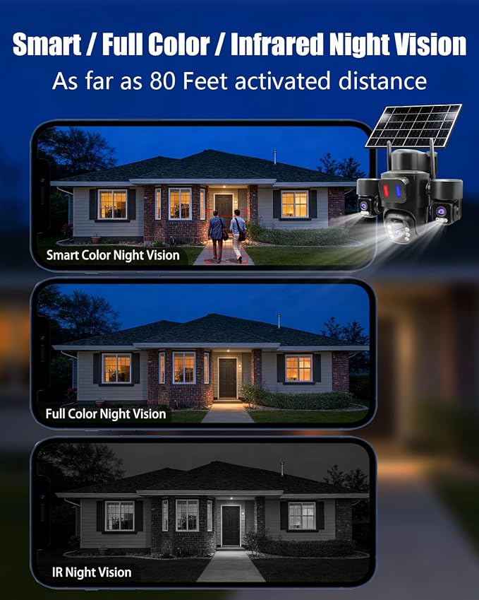 Triple Lens Solar Camera Wireless Outdoor for Home Security | Triple Lens Linkage PTZ 360º Coverage,10x Digital Zoom,PIR Detection & Auto Tracking,Two-Way Audio Talk, No Subscription Fee