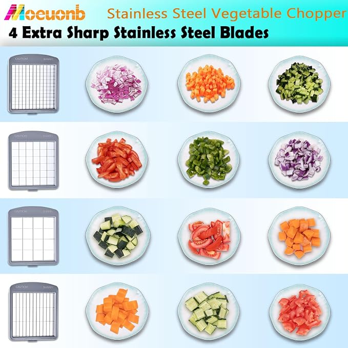 Stainless Steel Vegetable Chopper with 4 Blades - Pro Food Chopper with Container - Veggie Salad Onion Chopper - Potato Dicer - Tomato Cutter