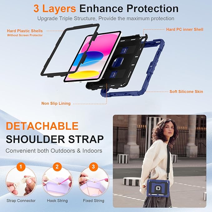Case for iPad A16 11th/10th Generation 11/10.9 Inch 2025/2022, Ubearkk for iPad a16 case Military Grade Fully-Body Rugged Shockproof Cases with Large Kickstand Pen Holder Shoulder Strap, Navy Black