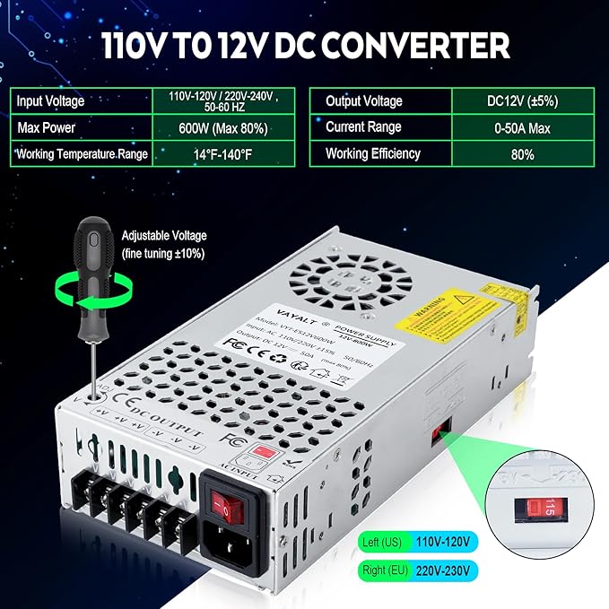 VAYALT New DC 12V 50A 600W Switching Power Supply, SMPS Power Supply, Universal Regulated Switching 110v to 12v Converter, for Industrial, CCTV, Computer Project, LED Strip Light (No Power Cord)