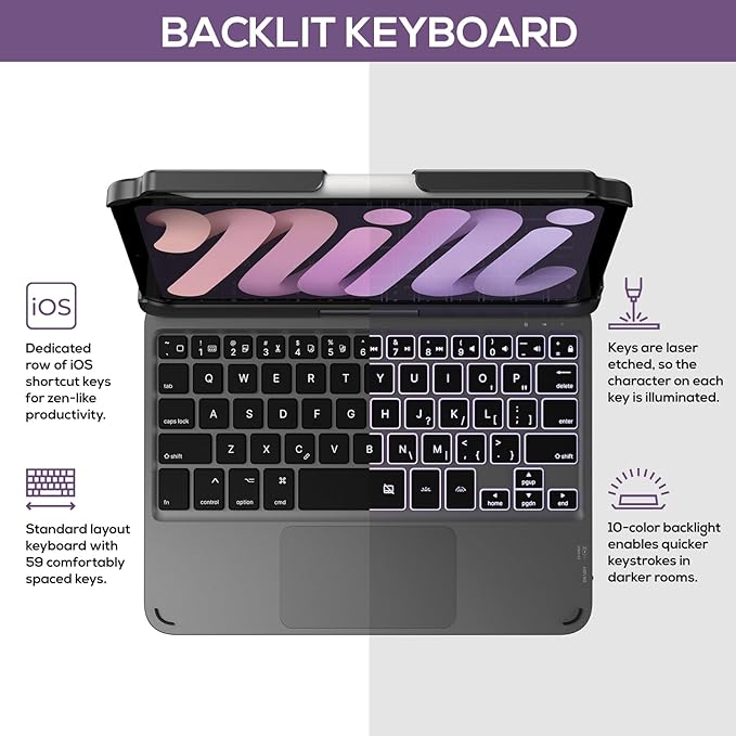 typecase Keyboard Case for iPad mini 7 (A17 Pro, 2024) & iPad mini 6th Gen (2021) 8.3-inch, Multi-Touch Trackpad, 360° Rotatable, 11-Color Backlit, Wireless Cover with Pencil Holder - Dark Gray