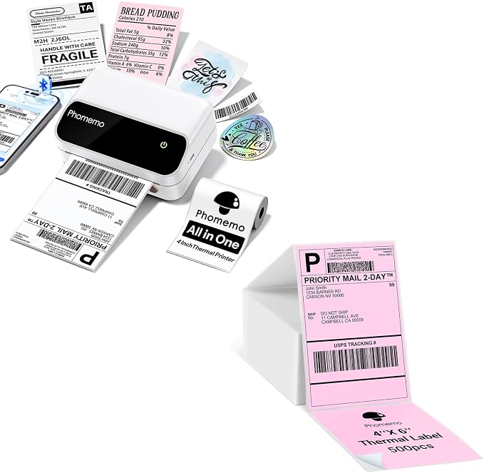 Phomemo Portable 4 Inch Label Printer with Pink 4X6'' Thermal Shipping Labels 500PCS