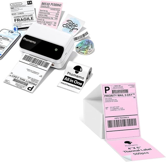 Phomemo Portable 4 Inch Label Printer with Pink 4X6'' Thermal Shipping Labels 500PCS