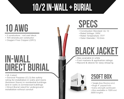 Voltive 10/2 Speaker Wire, in-Wall CL3 & Direct Burial, Black, 250ft - 10AWG, 2 Conductors, Stranded Oxygen-Free Copper, UL Listed - V-1205-3