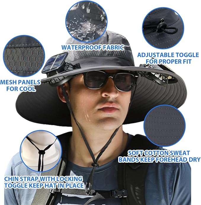 Solar Fan Hat, Wide Brim Sun Hat with 2 Solar Fan, Hat with Solar Fans Built in, Fishing Hat with Fan for Men, Waterproof Outdoor Hiking Camping Fishing