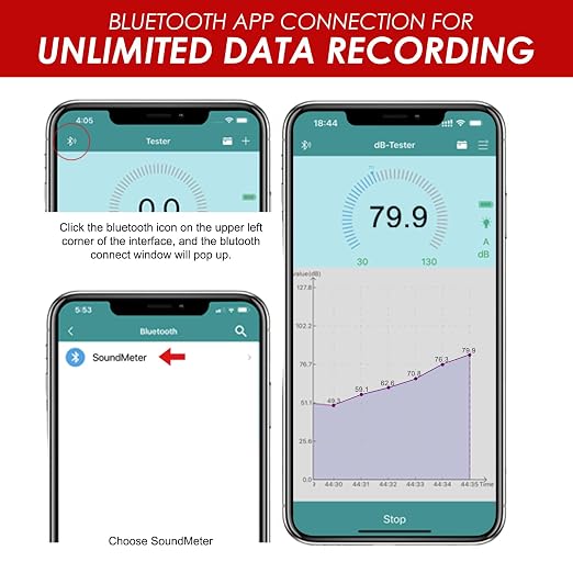 Decibel Meter Wireless Sound Decibel Meter with App Data Logging Bluetooth Portable Sound Level Meter 30~130dBA High Accuracy SPL Meter for Classroom, Office, Home and etc.