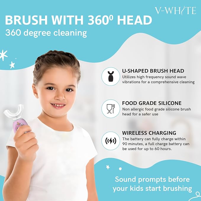 V-WHITE Kids Auto Brush Ultrasonic U-Shaped Toothbrush – 360° Teeth Cleaning, Hands-Free Electric Autobrush for Kids – Gum Protection, Waterproof IPX7, Wireless Charging (Pink)
