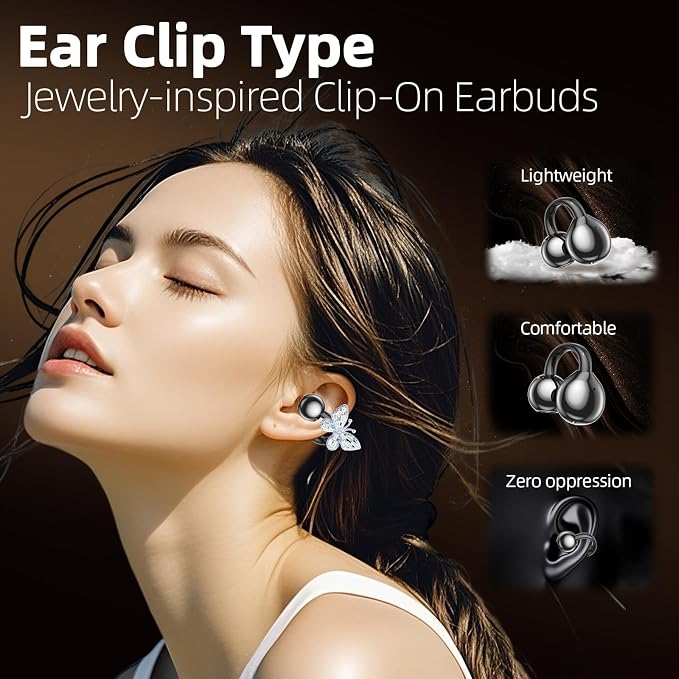 Jewelry-Inspired Clip On Earbuds,Comfortable Fit Open Ear Clip-On Headphones,Wireless Bluetooth Ear Cuff Headphones for Women,Earrings Earbuds for Running,Office,Sport&Gift (Butterfly - Black)