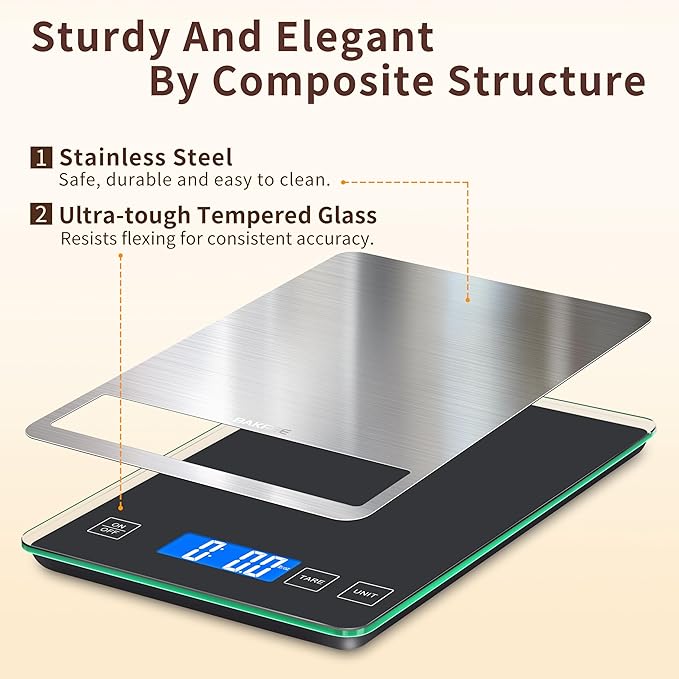 Food Scale, 33lb Digital Kitchen Scale with Stainless Steel & Tempered Glass, USB Rechargeable, 1g/0.05oz Precise Weighing, Splash-Resistant and Sturdy Surface, for Cooking, Baking, Weight Loss
