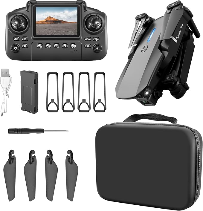 ikaufen E88 Drone with Built-in screen control, Camera for Adults RC Drone With 720P HD Dual Camera WiFi FPV Foldable Quadcopter Aircraft +1 Battery (E88 Dual camera Black)