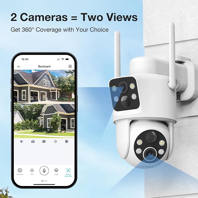 TKENPRO Dual Lens Solar Security Cameras Wireless Outdoor, 2K Full HD Video, 360° View Pan/Tilt Home Security Camera with Color Night Vision, Easy to Install, PIR Alarm, 2.4GHz WiFi