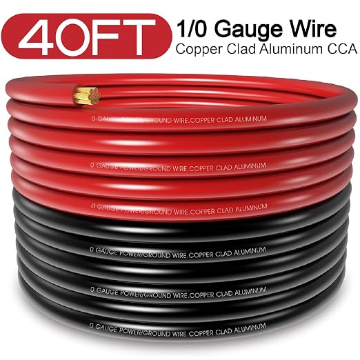 40FT 0 Gauge Wire,1/0 Battery Cable Copper Clad Aluminum,20pcs Lugs Terminal Connectors with 3:1Heat Shrink Tube (40FT Wire+Cutter)