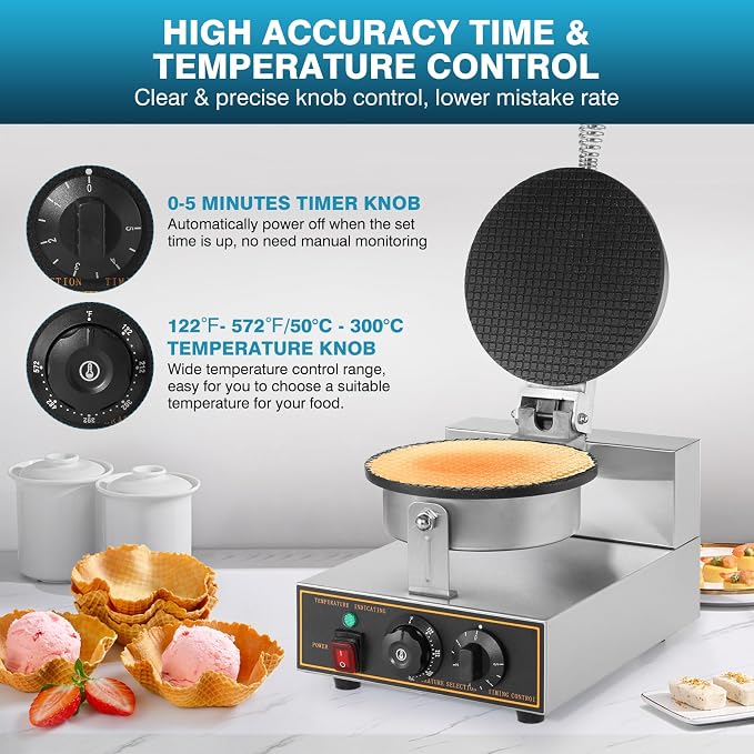IRONWALLS Commercial Waffle Cone Maker Machine, 110V 1200W Stainless Steel Electric Ice Cream Cone Waffle Maker Machine with 8.3” Non-stick Baking Tray, Temperature & Time Control for Restaurant