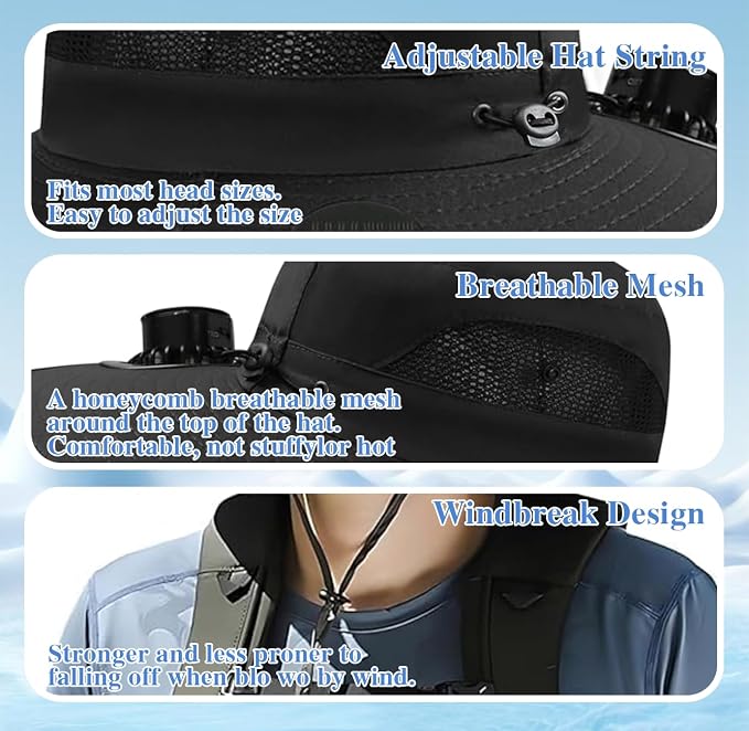 Solar Powered Fan Hat for Men Women - Wide Brim Cooling Hat with 2 USB/Solar Charging Fans, Solar Fan hat - UPF50+ Sun Hat