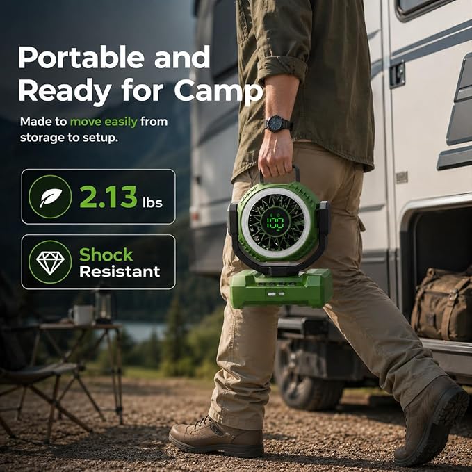 3-in-1 Portable Camping Fan, Auto-Oscillating 20000mAh Rechargeable Fan with Light, 1-100 Speed, 12H Timer, Display, Cordless Battery Powered Fan for Indoor, Outdoor, Travel, Fishing, Tent, Bedroom