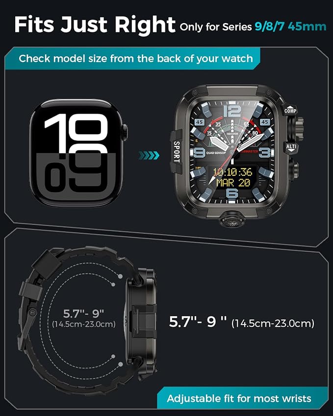 Goton Rugged Case and Band Kit with Screen Protector for Apple Watch 45mm, Compatible with Apple Watch Series 9/8/7, Full Body Shockproof Metal+PC Bumper Cover with Soft Band, 45mm Black