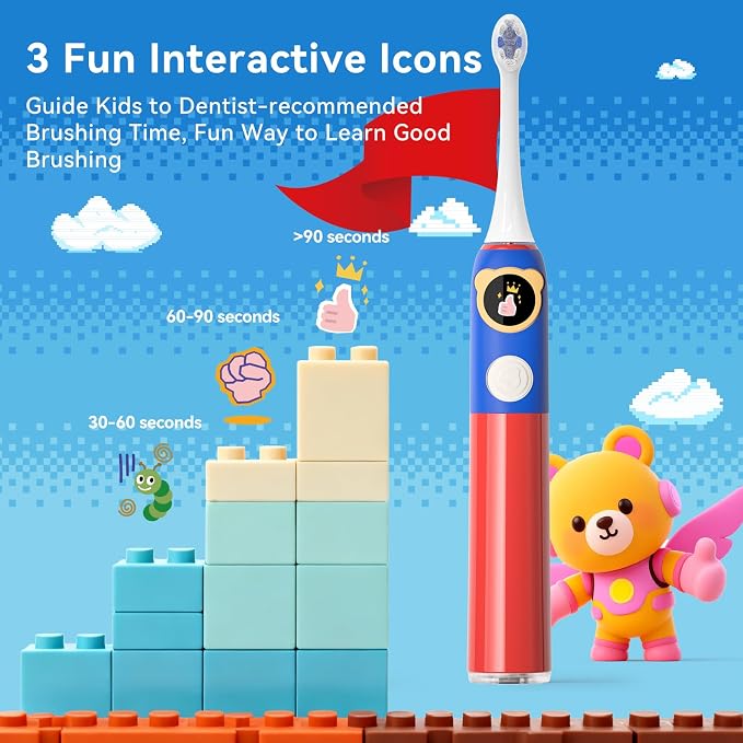 SEAGO Kids Electric Toothbrushes Rechargeable, Sonic Toothbrush with Pressure Sensor, Smart Timer and Silicone Coat, 8 Toothbrush Heads for Ages 3+ Boys Girls (Red)