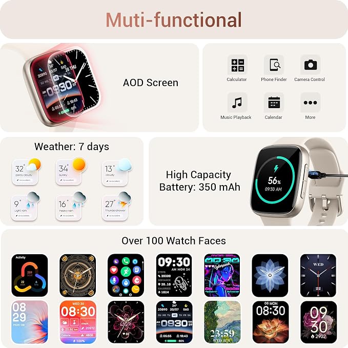 Tensky Smart Watch for Men/Women iPhone & Android, 1.85" AMOLED Screen Fitness Tracker with Bluetooth Call, 3ATM Waterproof 24/7 Heart Rate/Sleep/SpO2 Monitor, Pedometer, 120+ Sport Modes, White