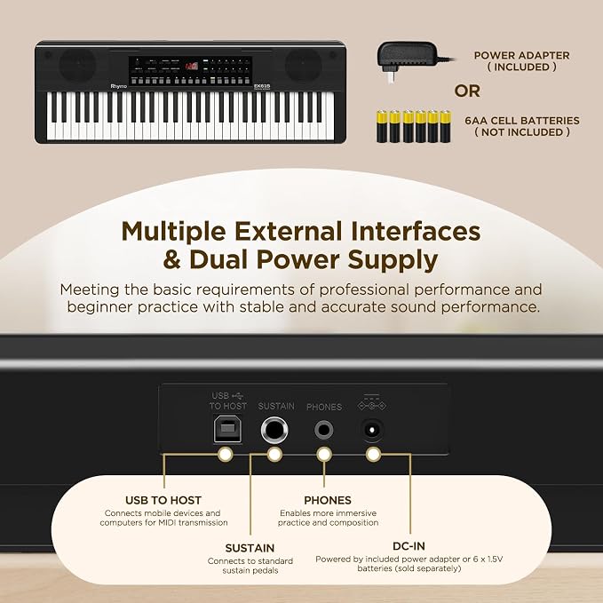Rhymo 61 Key Keyboard Piano, Electric Piano Keyboard with Touch Response, LED display, Music Stand, 300 Voices, 300 Rhythms, Learning Keyboard Piano for Beginners, Built-in Speakers (Black)