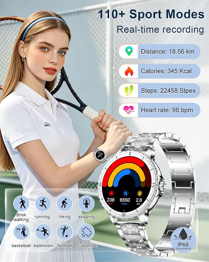 Smart Watches for Women, 1.27" HD Smartwatch with Diamond Strap Compatible Android/iOS, Answer/Make Call, IP68 Waterproof Fitness Tracker with Heart Rate, Sleep Monitor, 120+ Sports, Silver