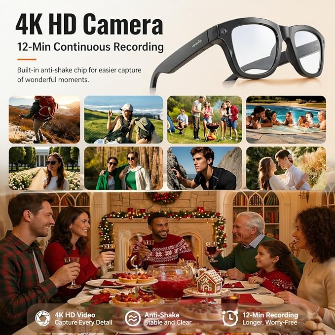 AI Smart Glasses with 8MP 4K Camera Glasses, 2026 1200P Video Recording Glasses for Women & Men, 139 Languages Real-Time Translation, Voice Assistant, Open-Ear Audio for Travel, Meetings & Vlogging