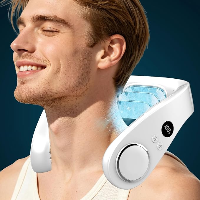 AJGJF Neck Fans that Blow Cold Air,5500mAh Neck Fan with Cooling Plate, 5 Speeds & 3 Cooling Levels, LED Display Battery & Speed, USB-C Rapid Charging, Hands-Free for Travel, Hiking, Gym White