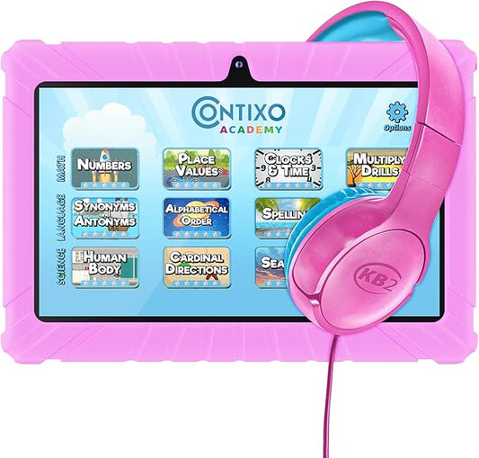 Contixo 7 Kids Tablet Bundle - Learning Tablets and Headphones for Kids, Includes 14 Teacher's Approved Apps, 7-inch HD, Ages 3-7, Parental Control, Android 11, 32GB, WiFi - Pink (Girls)