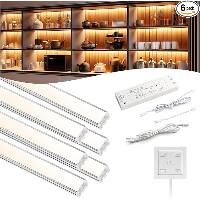 VST Under Cabinet Lighting 6 Pack, Smart LED Light Bars 2700K-6500K Dimmable, App & Voice Control for Google Home & Alexa, Remote & Hand Wave, Seamless Linkable 12V Plug-in for Kitchen, Closet, Shelf
