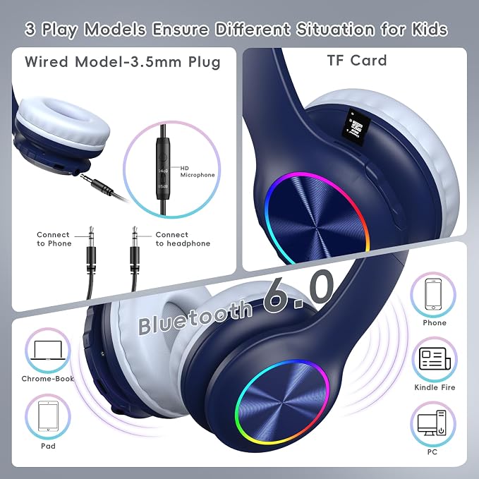 Candy Bila Kids Bluetooth 6.0 Headphones with LED Light, 85Hours Playtimes, Type-C Fast Charging, 85/94dB Volume Limited, Comfort Wireless Headphones with Built-in Mic, Wired & TF Card Mode, Navy Blue