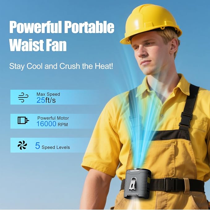 Upgraded Portable Waist Fan & Neck Fan, Up to 40H Runtime, 10000mAh Rechargeable Clip-On Belt Fan with 5-Speed 16000 RPM Turbo Airflow, Personal Wearable Fan for Outdoor Work, Camping, Travel - Gray