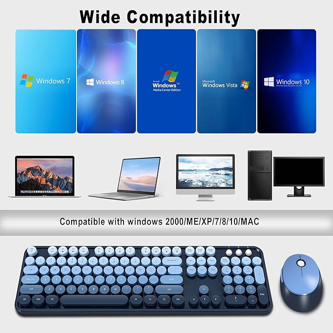 Kootop Wireless Keyboard and Mouse Combo, Cute Colorful 104 Keys Typewriter Retro Round Keycaps Keyboard for PC Laptop,Desktop,Windows, Home and Office Keyboards(Blue)