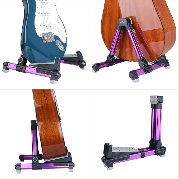 ENO MUSIC Alumium Alloy A-Frame Universal Folding Acoustic Guitar Stand, Suitable for Electric Bass Guitars, Purple