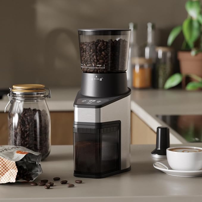 Burr Coffee Grinder with 60 Settings, Electric Conical Bean Grinder with Touch Screen & Anti-Static Technology for Espresso to French Press, 1-60s Timer & 1-8 Cup Dosing, Stainless Steel, Black