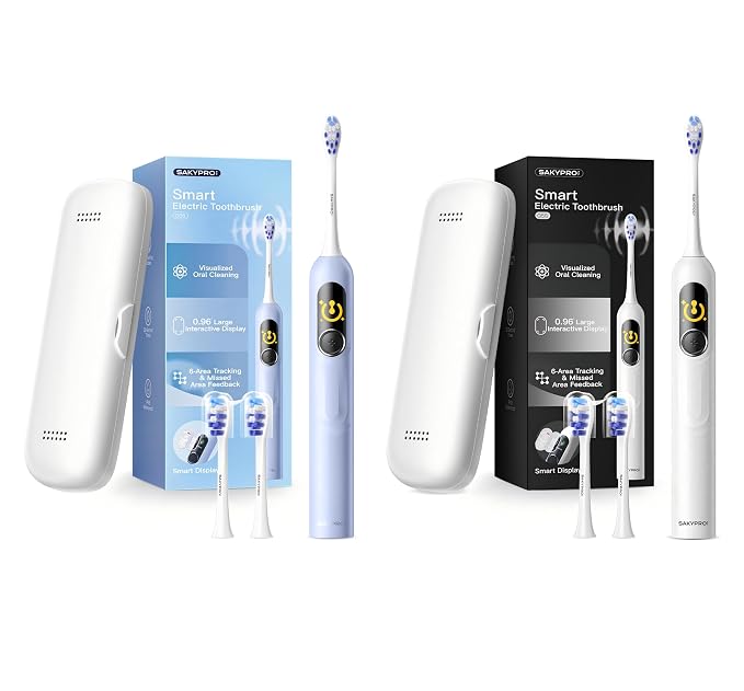 SAKYPRORAL AI Electric Toothbrush with Smart Display | 150-Day Rechargeable Toothbrush, Real-Time Map (G5S Pink and Blue Set)