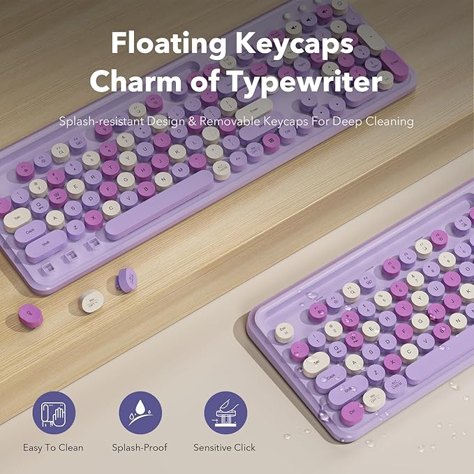 Wireless Keyboard and Mouse Combo with Phone/Tablet Holder, Full-Size Typewriter Keyboard, Retro Round Keycaps, 3-Level DPI Mouse, 2.4GHz Cordless Connection for Windows/PC/Laptop (Lavender & Cream)