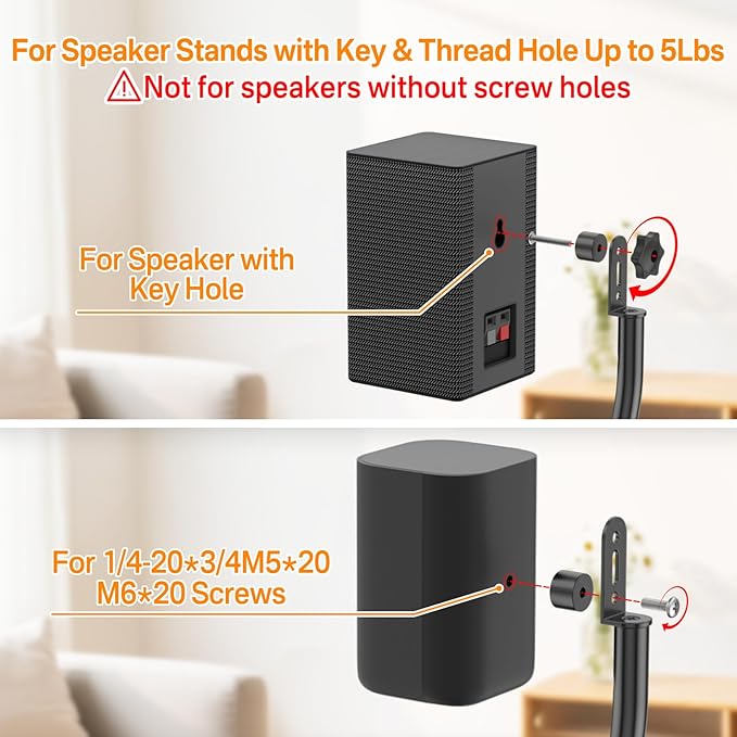 Speaker Stand Pair WR Wall Mounts, Rear Speaker Stands Height Adjust 33" to 42" for Samsung, Vizio, Nakamichi, LG, Roku and More, Surround Sound Speaker Stands WR Keyhole & 1/4"-20, M5, M6 Thread Hole