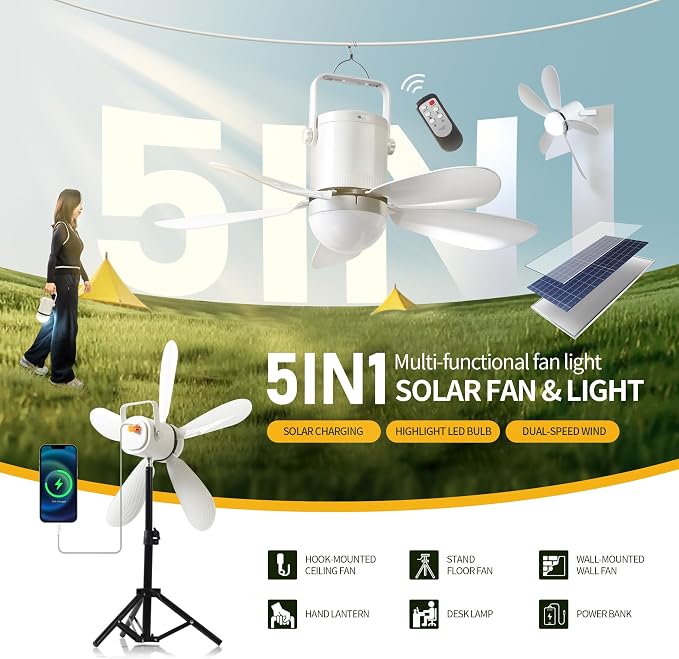 HZZ 17'' Off-Grid Solar Ceiling Fan with Light, 10800mAh Battery, 15W Panel, Low Noise DC Motor, Remote Control, for RV Gazebo Camping Porch Shed